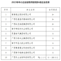 恭喜我司在南寧市2023年中小企業(yè)信用評級榮獲A級